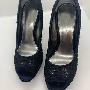Antonio Melani Sheer Black Fabric with Sequin Peep Toe Heels
